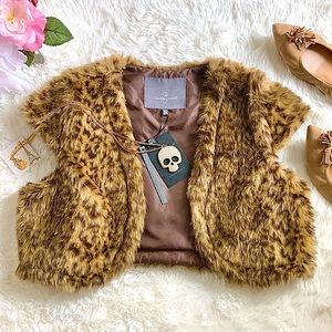 NWT Claude Gerard Leopard Vintage Faux Fur Vest Bolero Jacket Shrug Brown LG XL